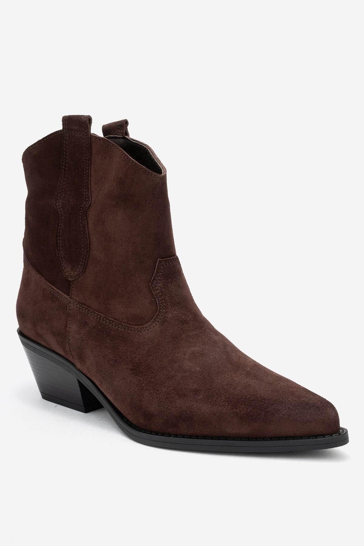 Elia - Brown Suede Genuine Leather Western Boot – detail view showing leather, suede, Vowalisse