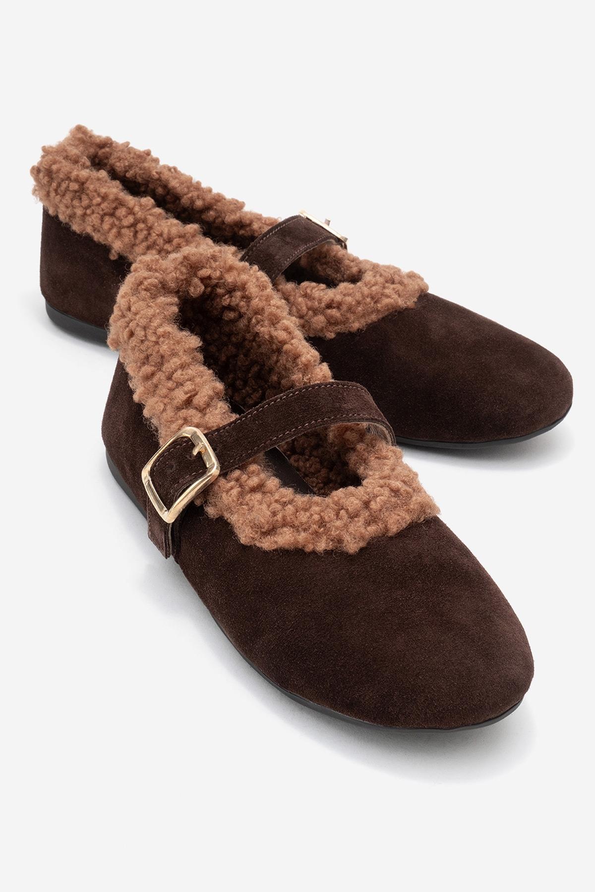 Guin - Brown Suede Genuine Leather Buckle Ballet Flat – front three-quarter view showing leather, suede, Vowalisse