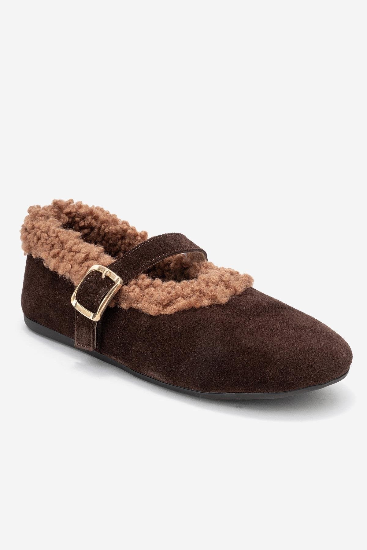 Guin - Brown Suede Genuine Leather Buckle Ballet Flat – detail view showing leather, suede, Vowalisse