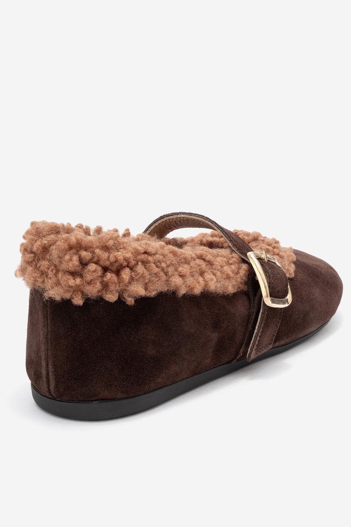 Guin - Brown Suede Genuine Leather Buckle Ballet Flat – back view showing leather, suede, Vowalisse