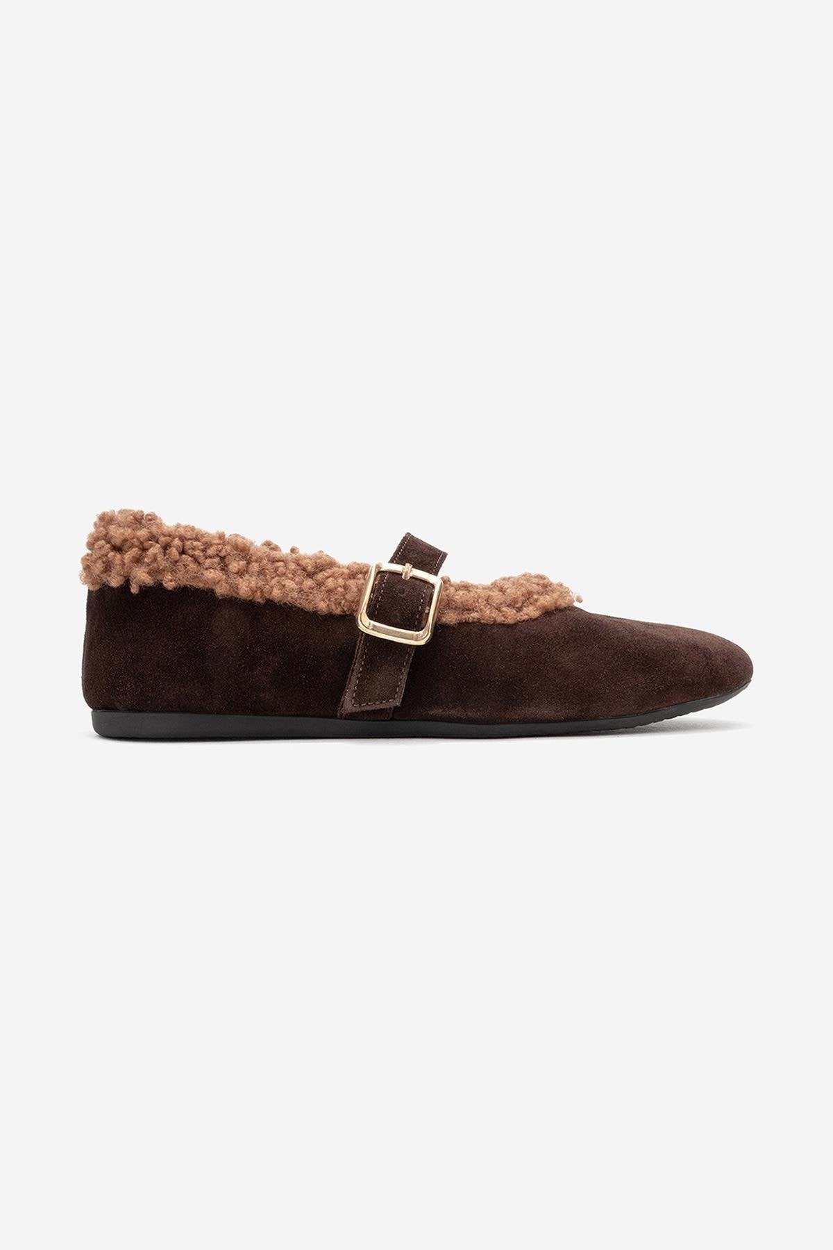 Guin - Brown Suede Genuine Leather Buckle Ballet Flat – top view showing leather, suede, Vowalisse