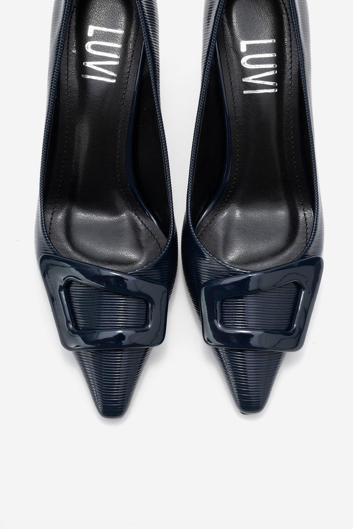 Astra - Navy Striped Buckle Pump – side view showing leather, red, Vowalisse