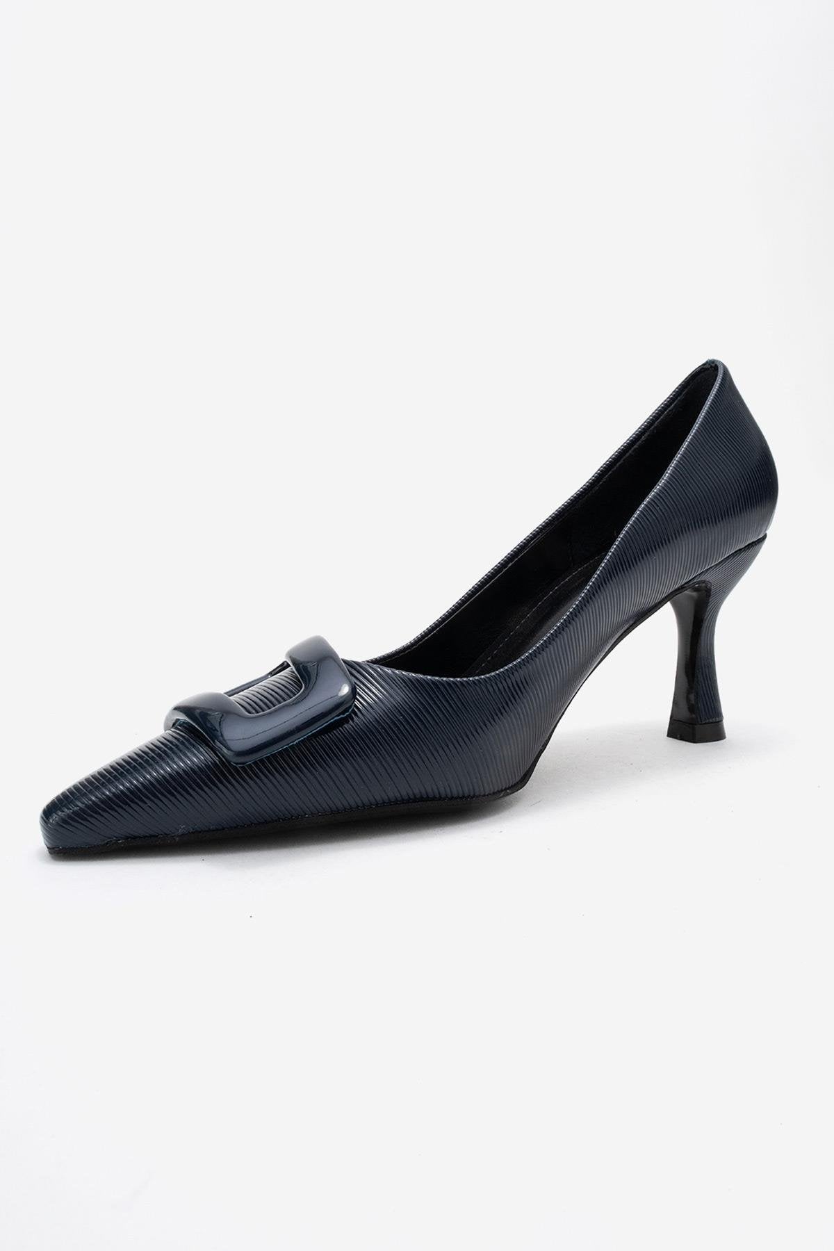 Astra - Navy Striped Buckle Pump – heel view showing leather, red, Vowalisse