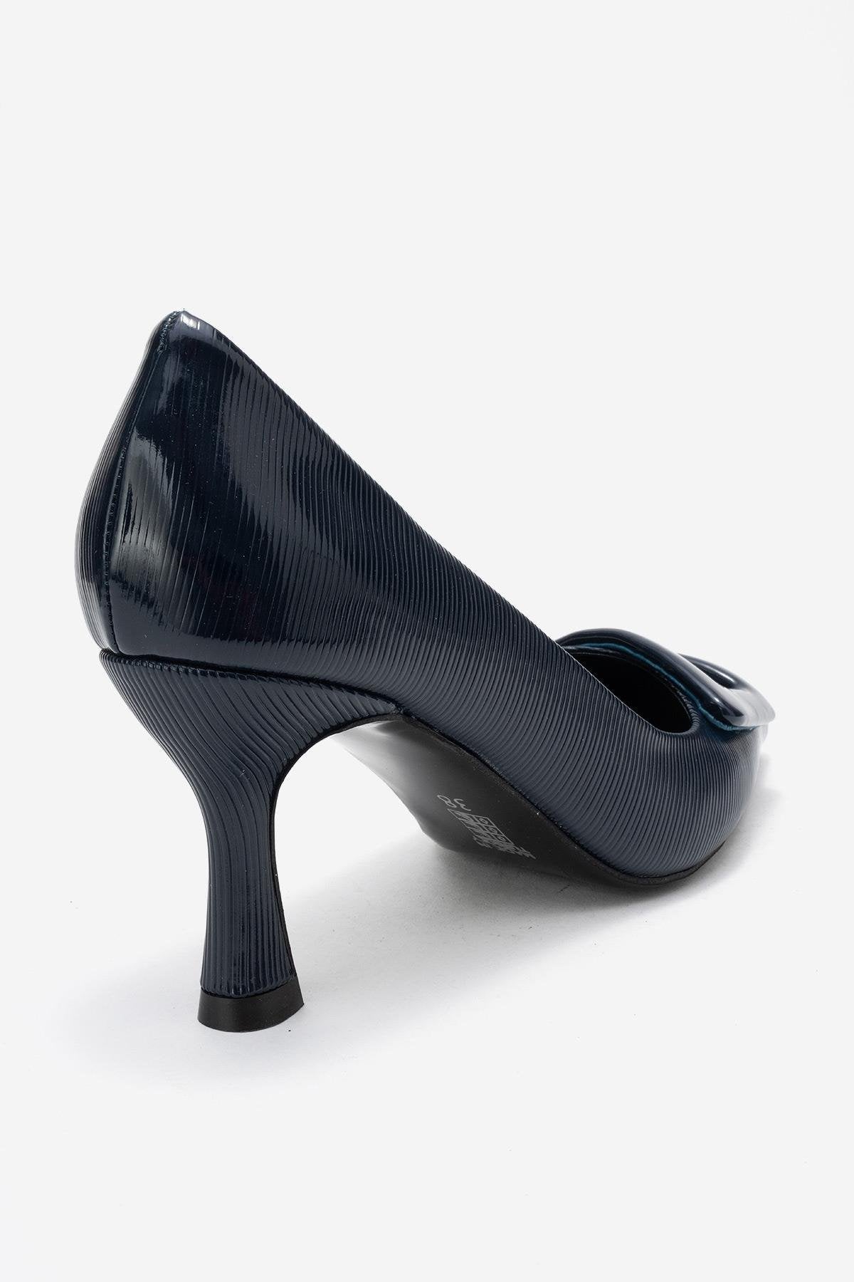 Astra - Navy Striped Buckle Pump – back view showing leather, red, Vowalisse
