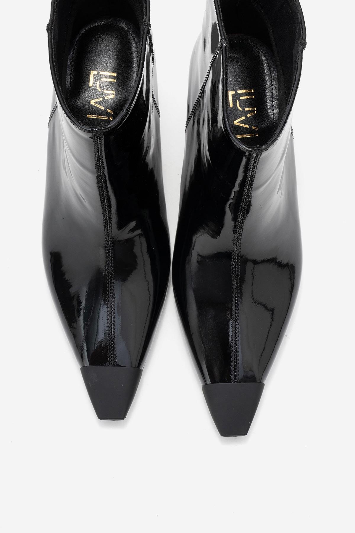 Rassel - Black Patent Pointed Toe Slim Heel Boot – side view showing leather, black, Vowalisse