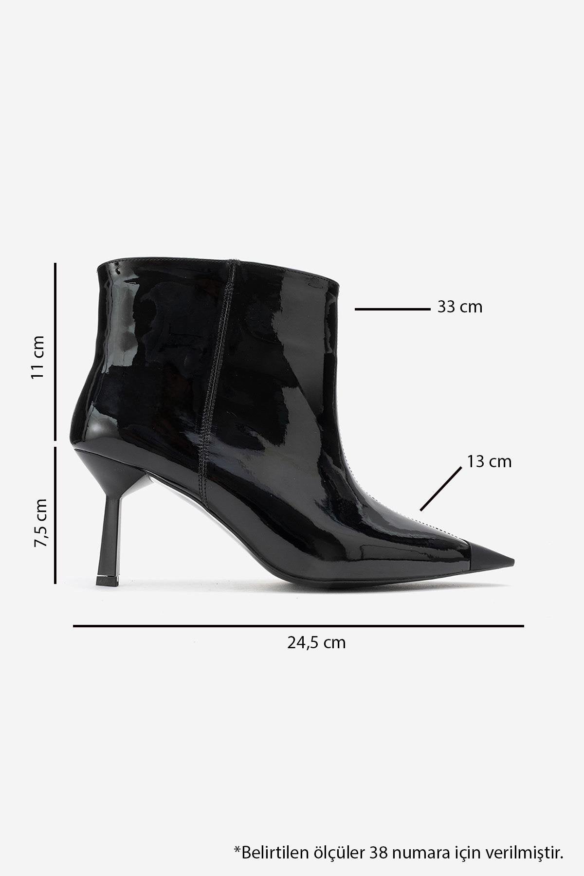 Rassel - Black Patent Pointed Toe Slim Heel Boot – top view showing leather, black, Vowalisse
