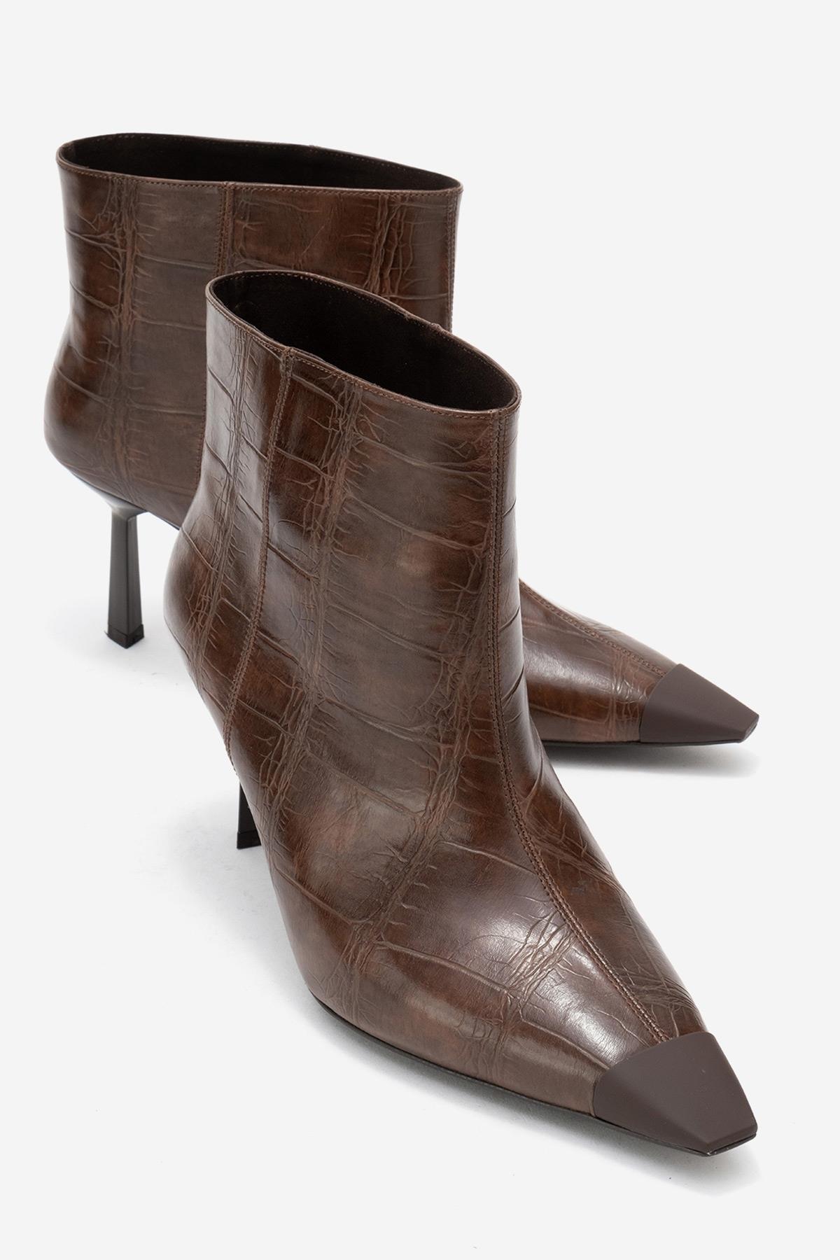 Rassel - Brown Croc-Print Pointed Toe Slim Heel Boot – front three-quarter view showing leather, Vowalisse