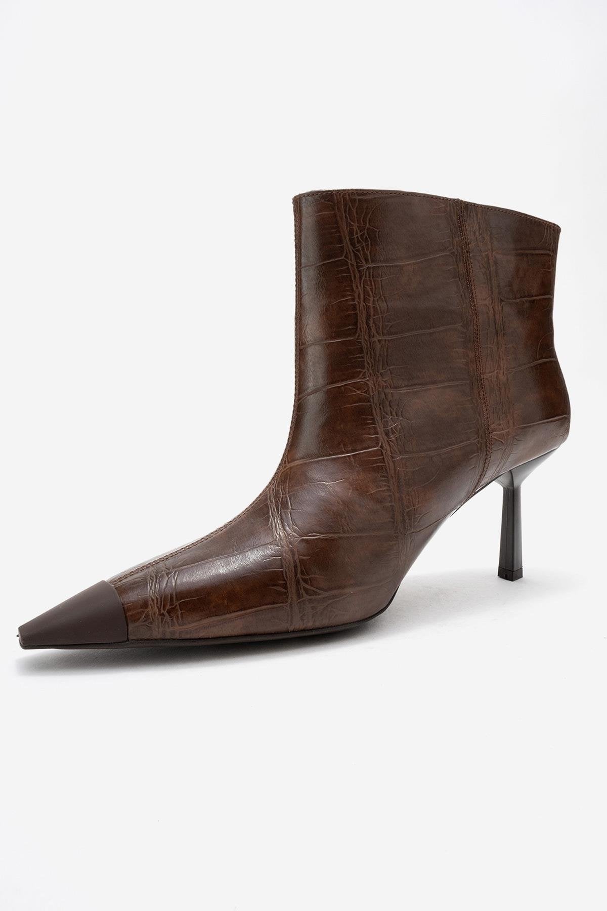 Rassel - Brown Croc-Print Pointed Toe Slim Heel Boot – heel view showing leather, Vowalisse