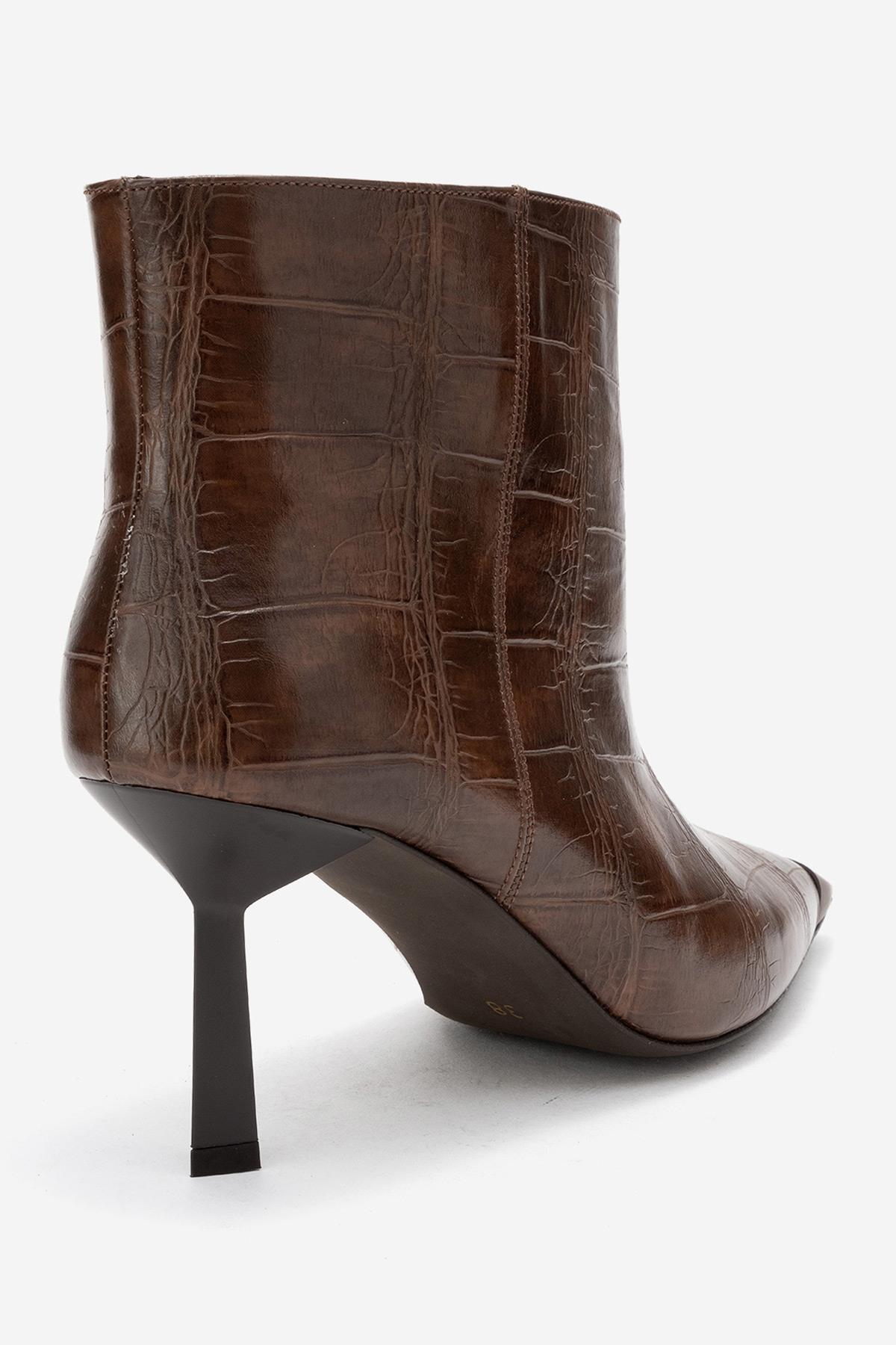 Rassel - Brown Croc-Print Pointed Toe Slim Heel Boot – back view showing leather, Vowalisse