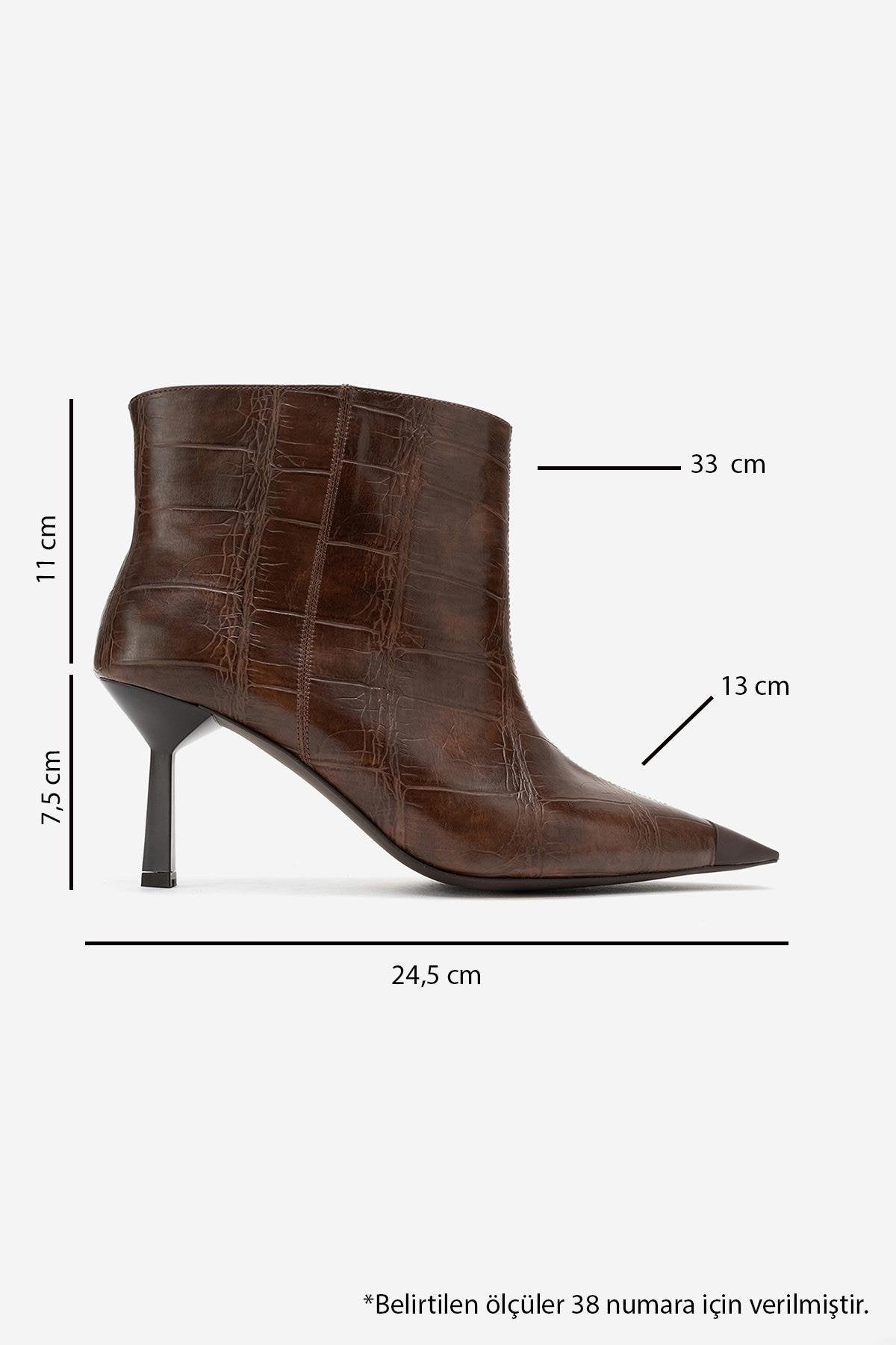Rassel - Brown Croc-Print Pointed Toe Slim Heel Boot – top view showing leather, Vowalisse