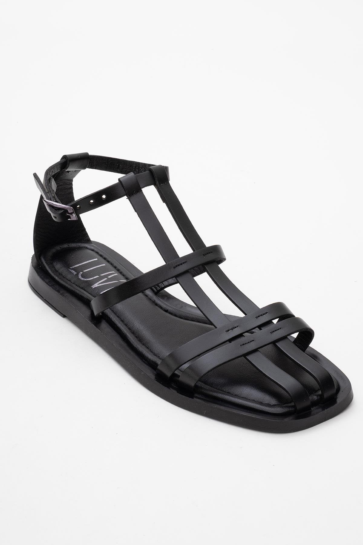 Odeil - Black Leather Sandal – detail view showing leather, black, Vowalisse