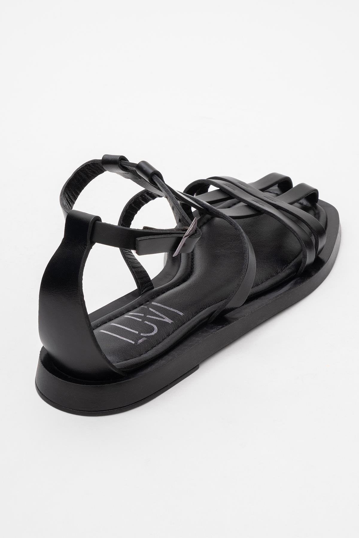 Odeil - Black Leather Sandal – heel view showing leather, black, Vowalisse