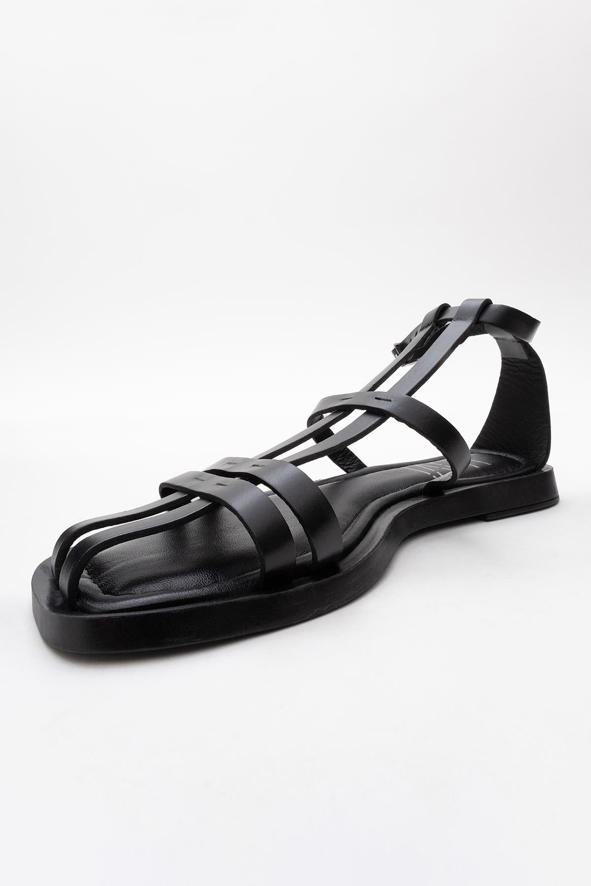 Odeil - Black Leather Sandal – back view showing leather, black, Vowalisse