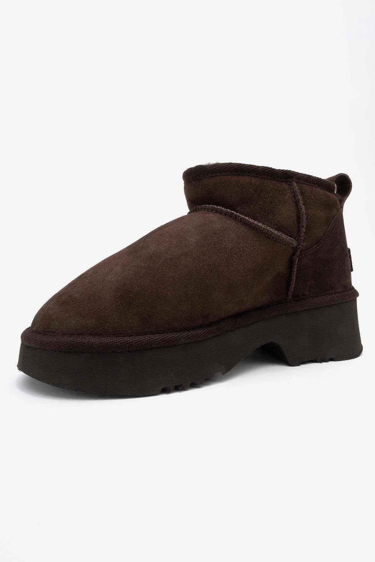 Ary - Brown Suede Fur-Lined Genuine Leather Platform Ankle Boot – heel view showing leather, suede, Vowalisse