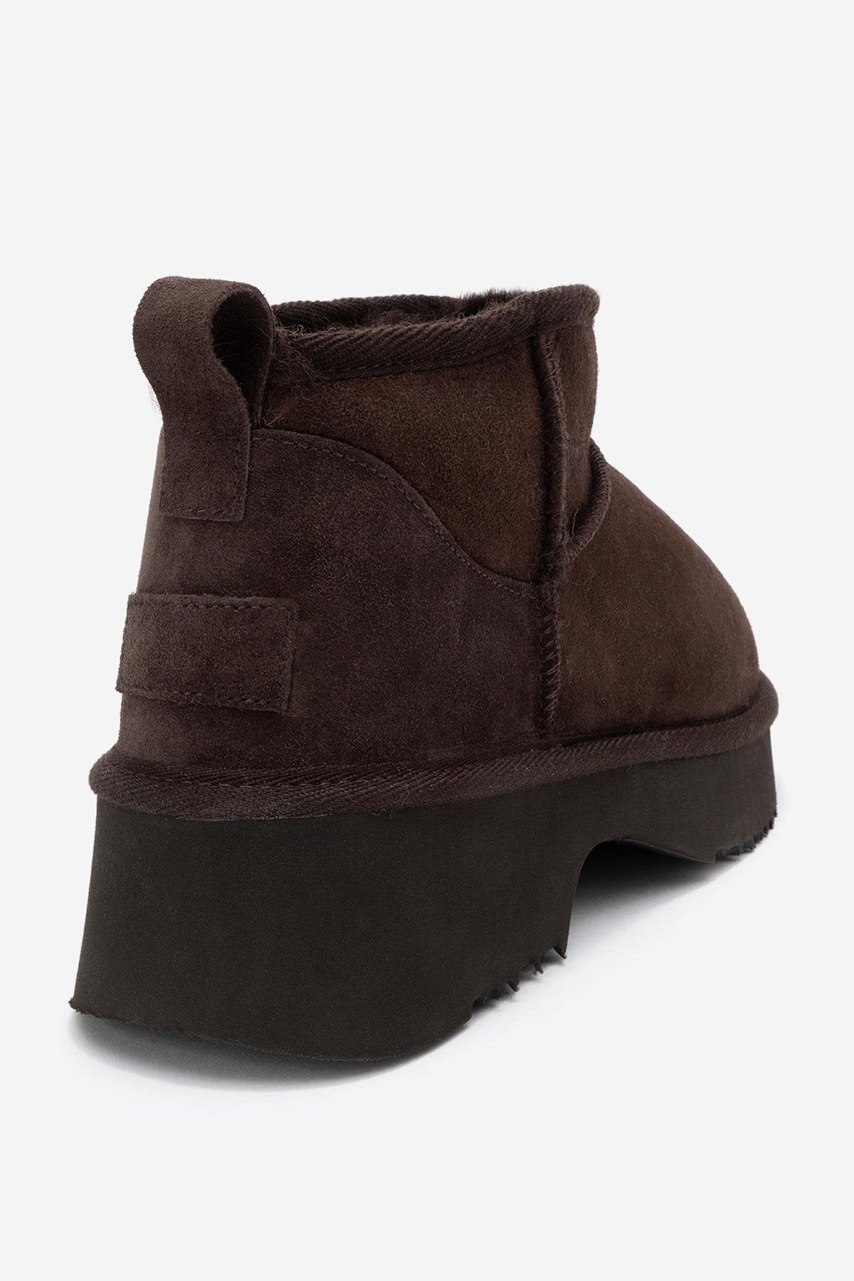 Ary - Brown Suede Fur-Lined Genuine Leather Platform Ankle Boot – back view showing leather, suede, Vowalisse