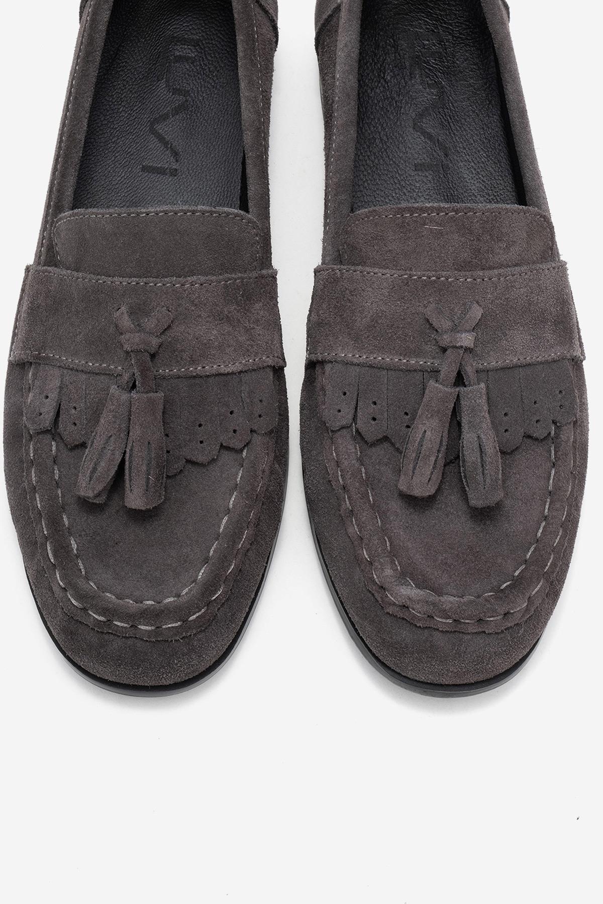 Lupen - Grey Suede Tassel Genuine Leather Loafer – side view showing leather, suede, Vowalisse