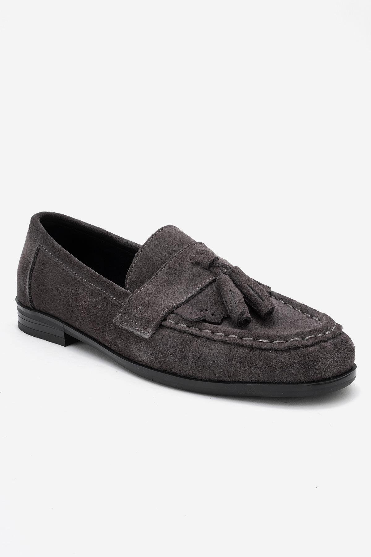 Lupen - Grey Suede Tassel Genuine Leather Loafer – detail view showing leather, suede, Vowalisse