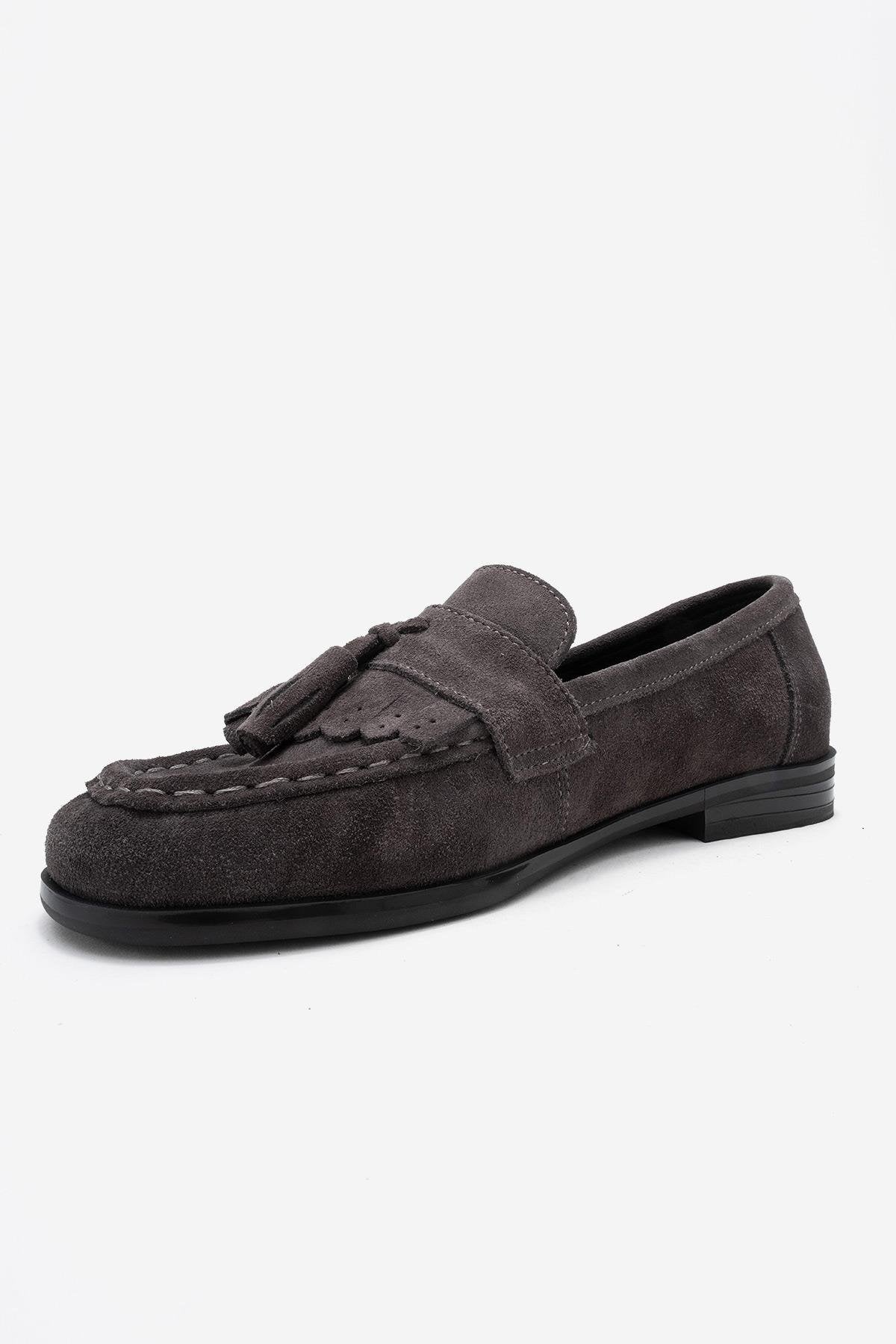Lupen - Grey Suede Tassel Genuine Leather Loafer – heel view showing leather, suede, Vowalisse