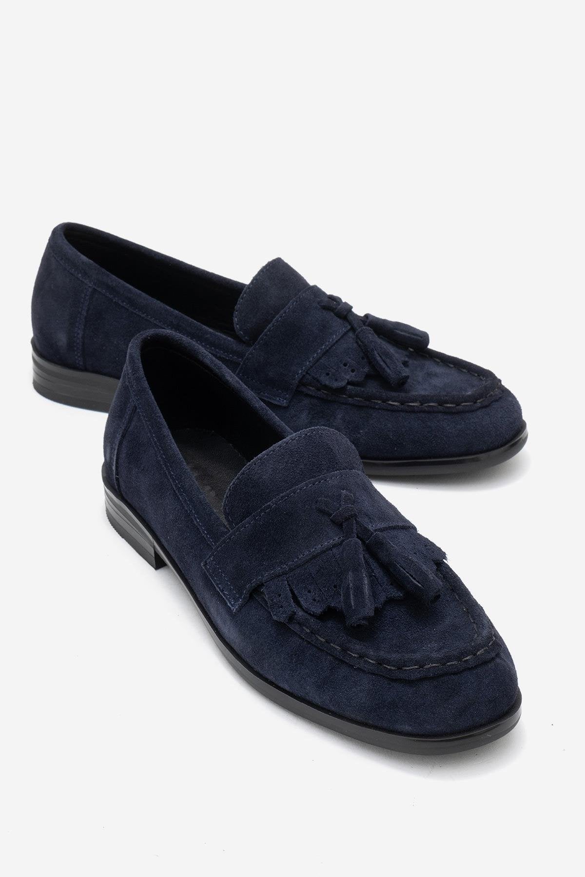 Lupen - Navy Suede Tassel Genuine Leather Loafer – front three-quarter view showing leather, suede, Vowalisse