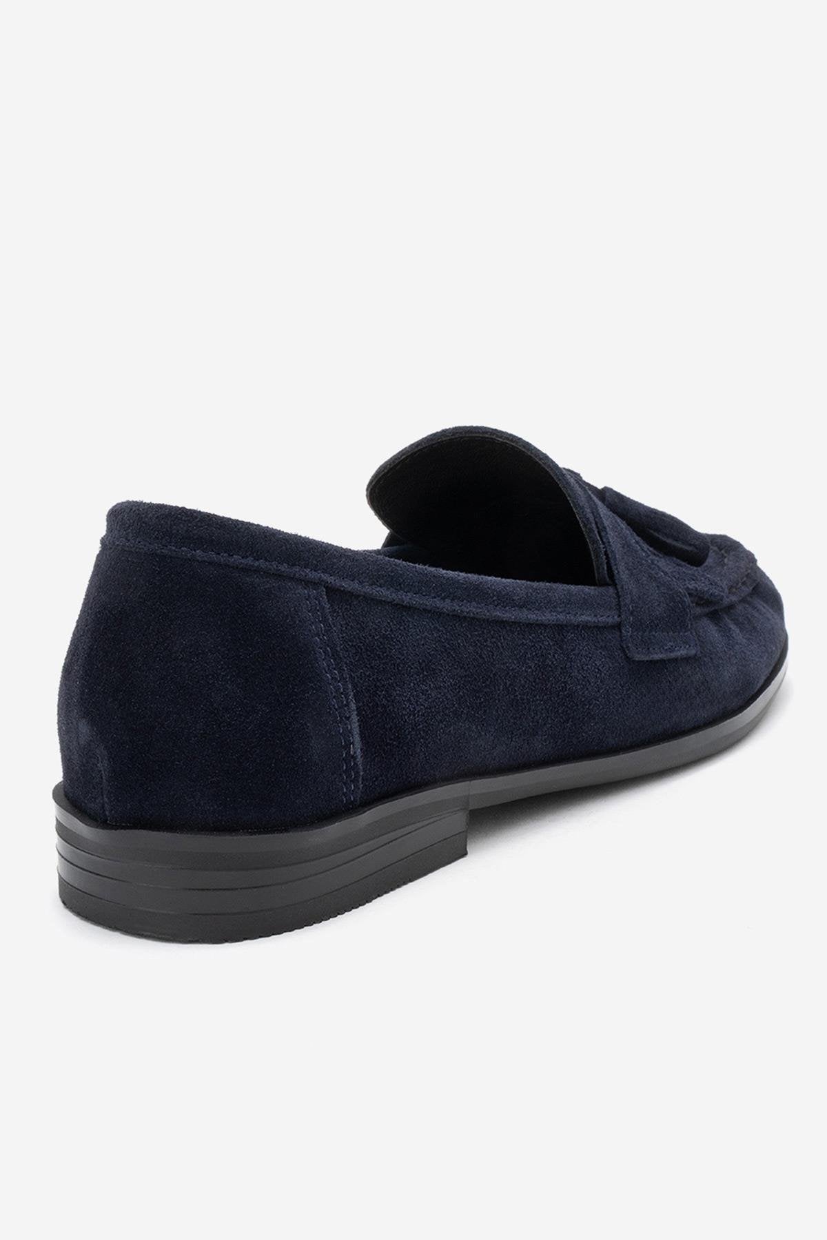 Lupen - Navy Suede Tassel Genuine Leather Loafer – back view showing leather, suede, Vowalisse