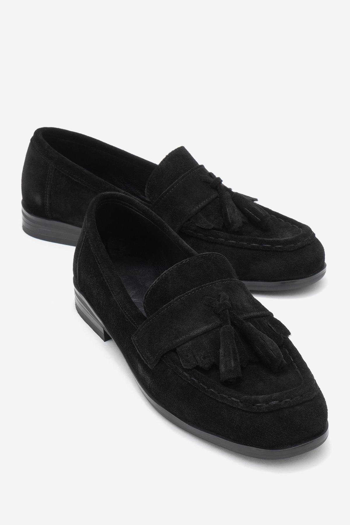 Lupen - Black Suede Tassel Genuine Leather Loafer – front three-quarter view showing leather, suede, black, Vowalisse