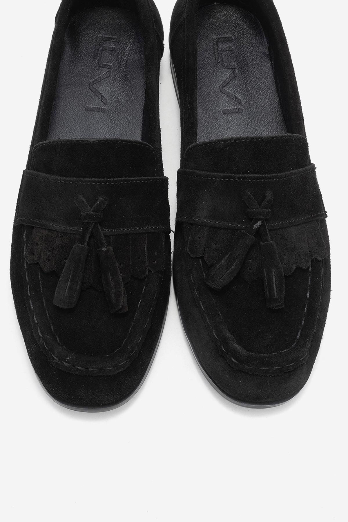 Lupen - Black Suede Tassel Genuine Leather Loafer – side view showing leather, suede, black, Vowalisse