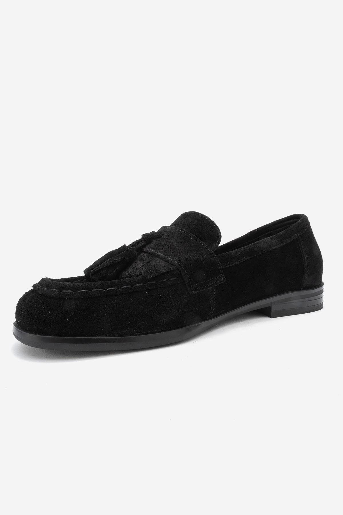 Lupen - Black Suede Tassel Genuine Leather Loafer – heel view showing leather, suede, black, Vowalisse