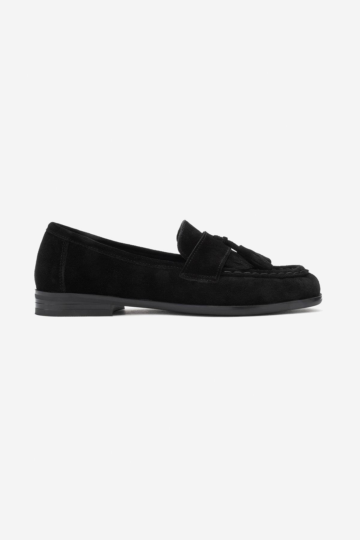 Lupen - Black Suede Tassel Genuine Leather Loafer – top view showing leather, suede, black, Vowalisse