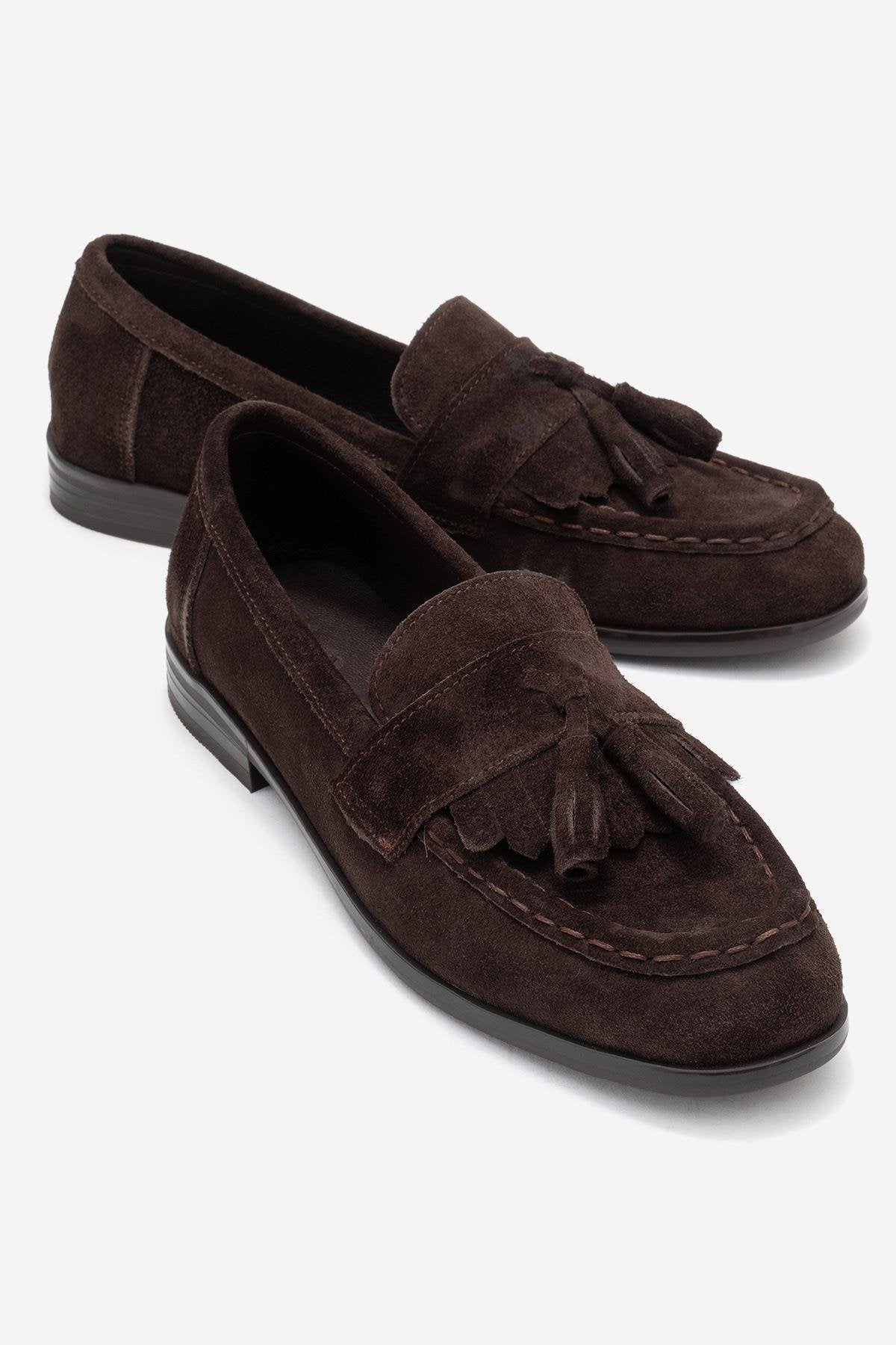 Lupen - Brown Suede Genuine Leather Tassel Loafer – front three-quarter view showing leather, suede, Vowalisse
