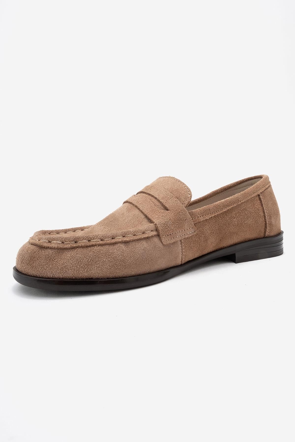 Valia - Taupe Suede Genuine Leather Loafer – heel view showing leather, suede, Vowalisse