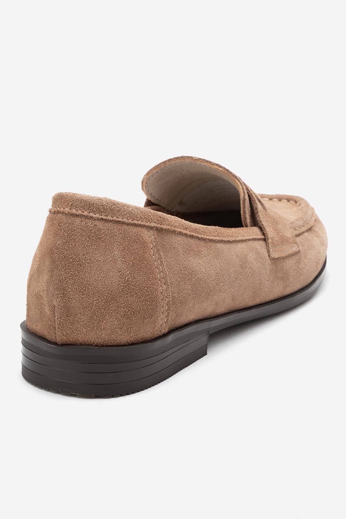 Valia - Taupe Suede Genuine Leather Loafer – back view showing leather, suede, Vowalisse