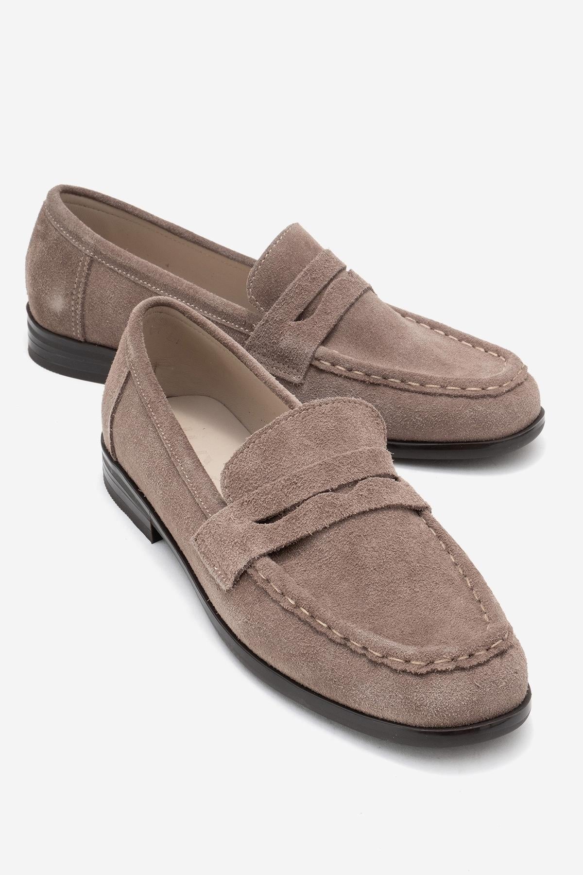 Valia - Taupe Suede Genuine Leather Loafer – front three-quarter view showing leather, suede, Vowalisse