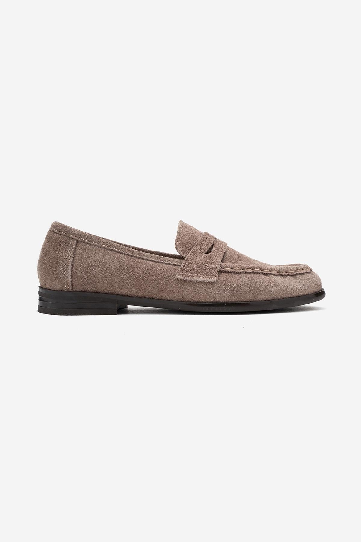 Valia - Taupe Suede Genuine Leather Loafer – top view showing leather, suede, Vowalisse