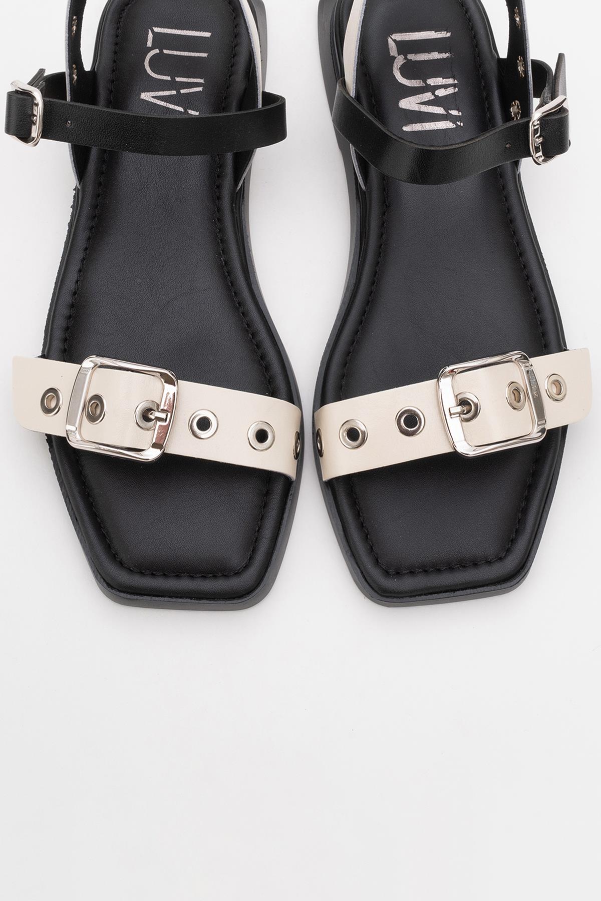 Mozes - Beige Black Leather Sandal – side view showing leather, black, Vowalisse