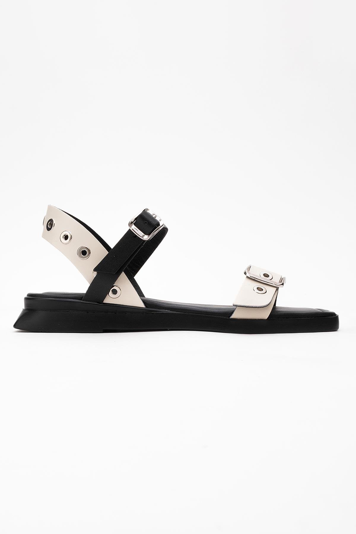Mozes - Beige Black Leather Sandal – top view showing leather, black, Vowalisse