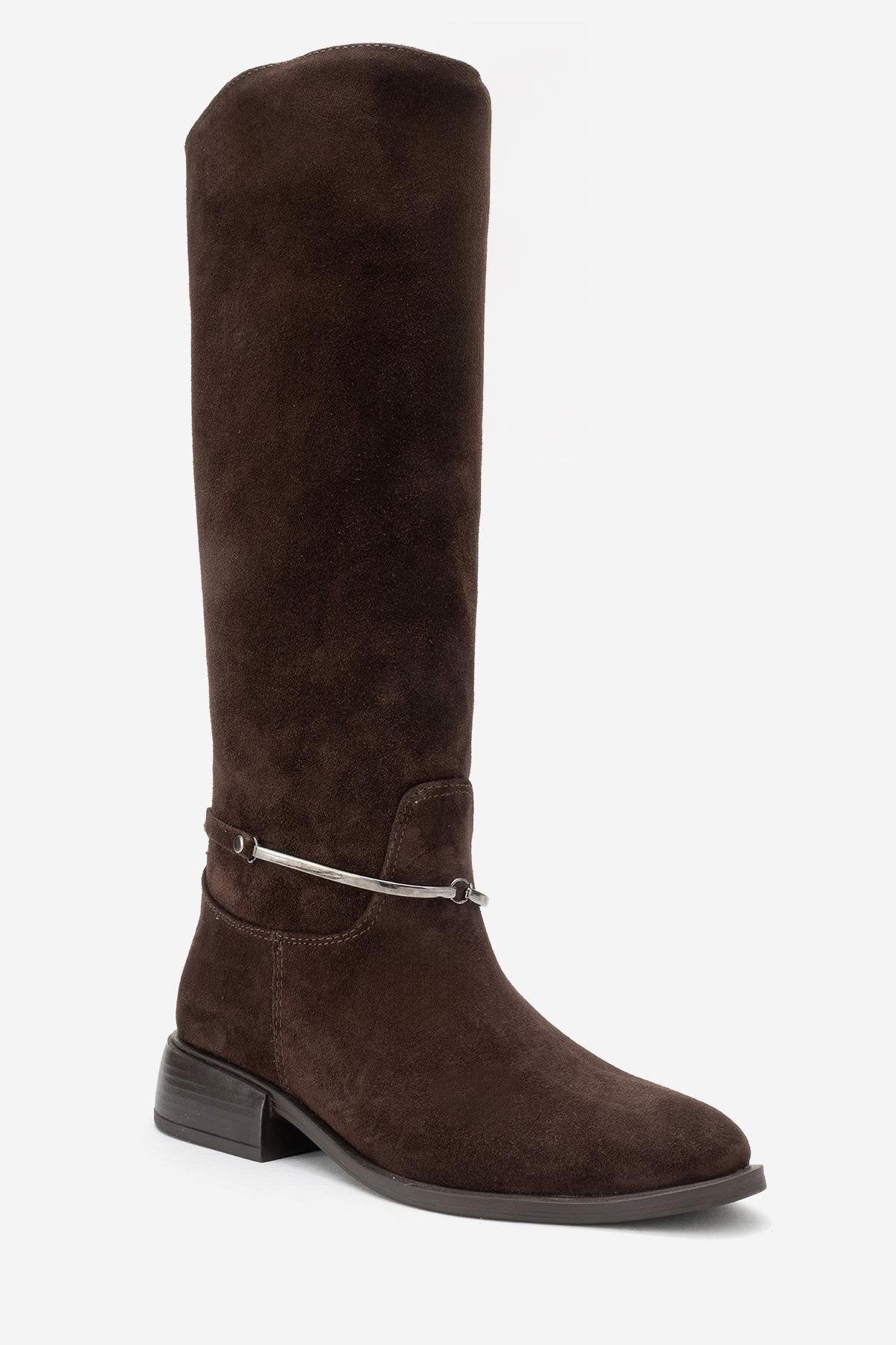 Ansel - Brown Suede Genuine Leather Ankle-Strap Riding Boot – detail view showing leather, suede, Vowalisse