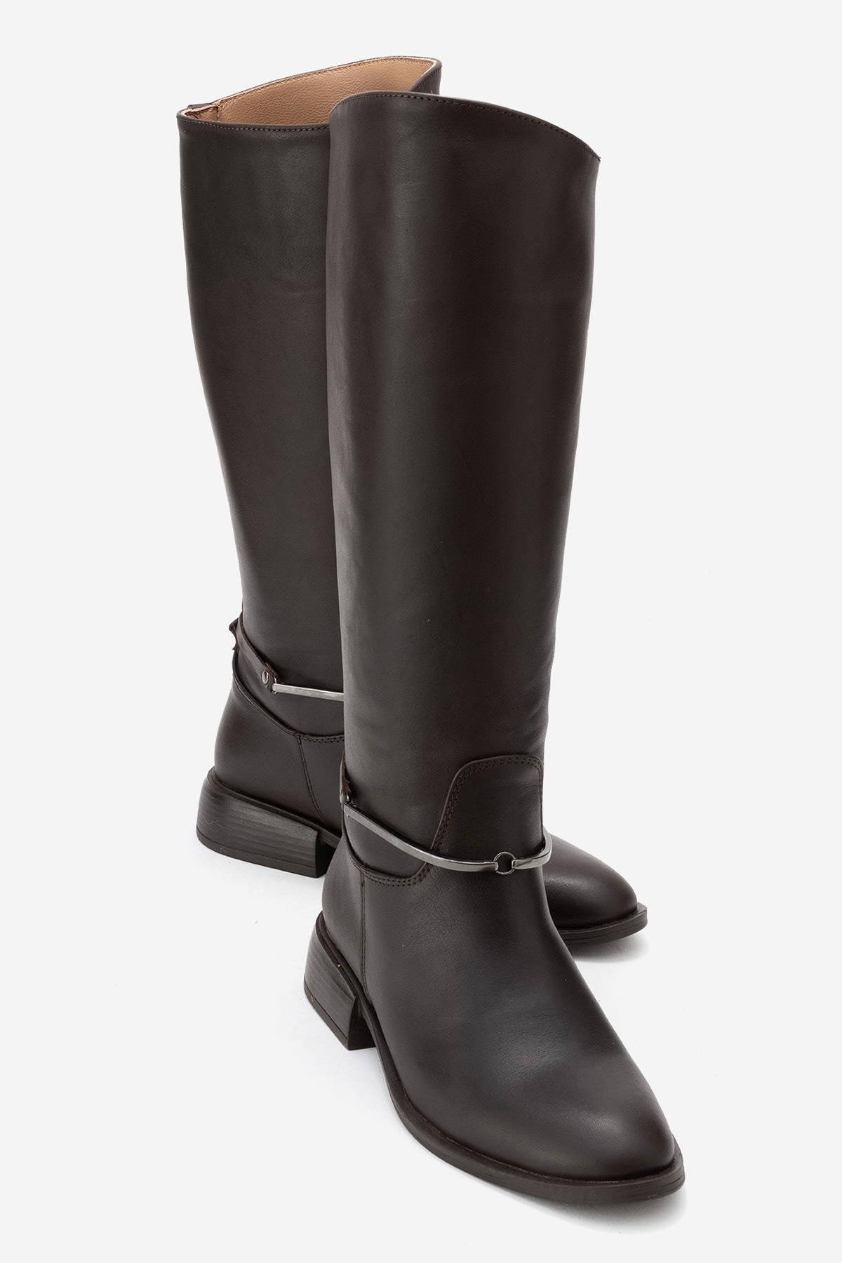 Ansel - Brown Genuine Leather Ankle-Strap Riding Boot – front three-quarter view showing leather, Vowalisse
