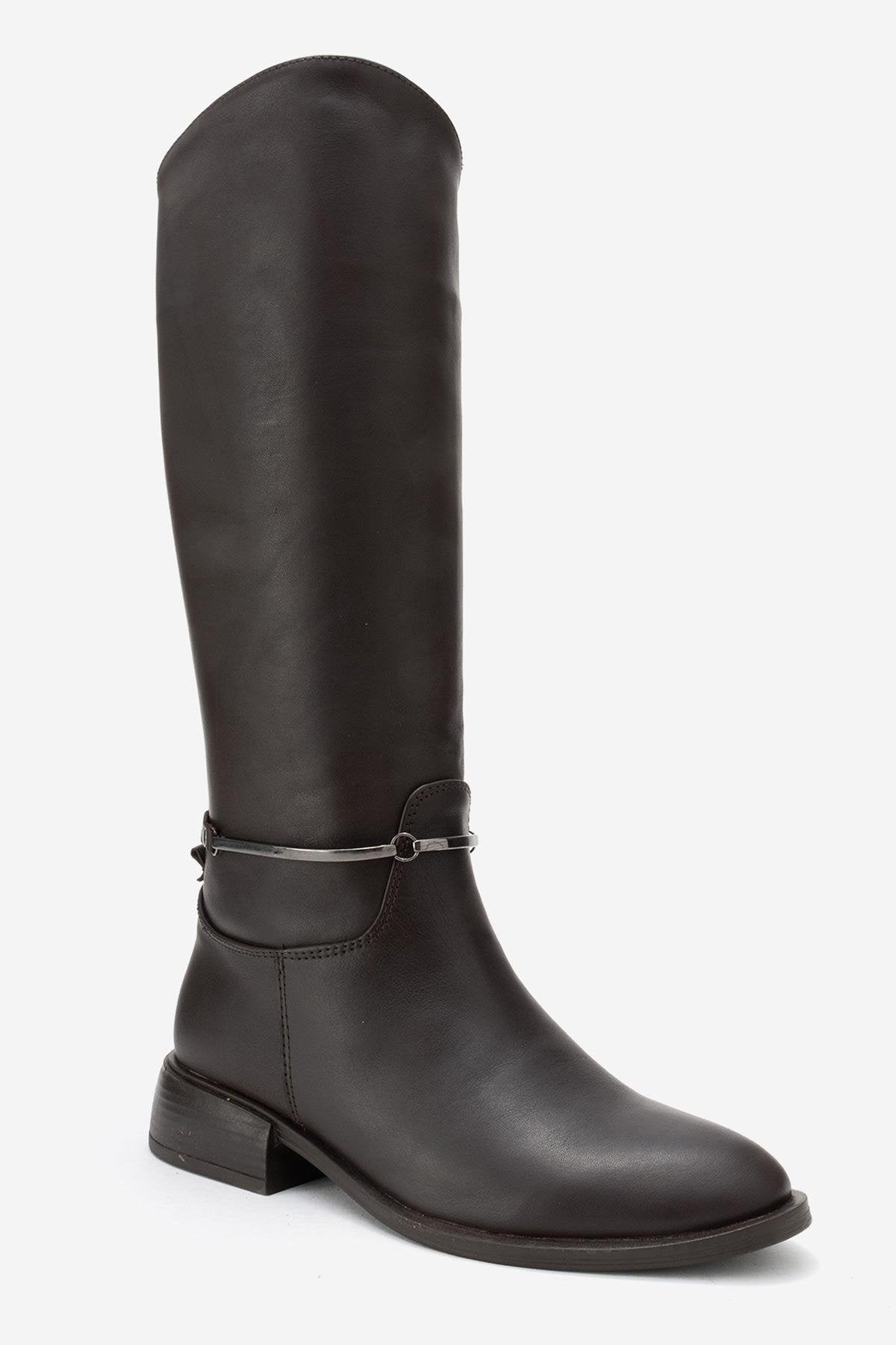 Ansel - Brown Genuine Leather Ankle-Strap Riding Boot – detail view showing leather, Vowalisse