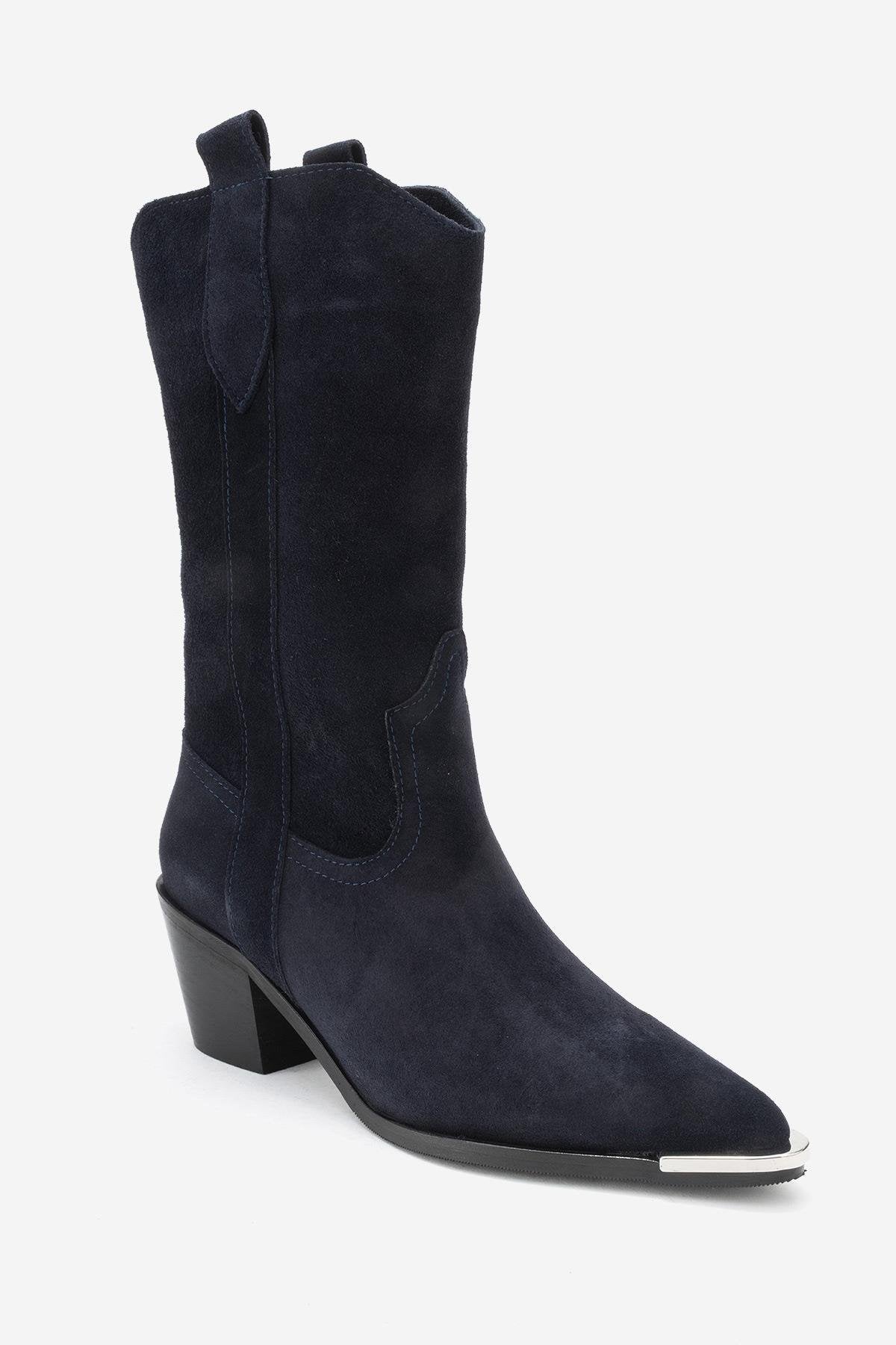 Alvi - Navy Suede Genuine Leather Western Boot – detail view showing leather, suede, Vowalisse