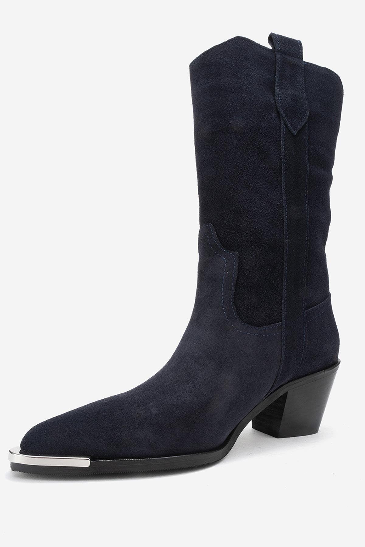 Alvi - Navy Suede Genuine Leather Western Boot – heel view showing leather, suede, Vowalisse