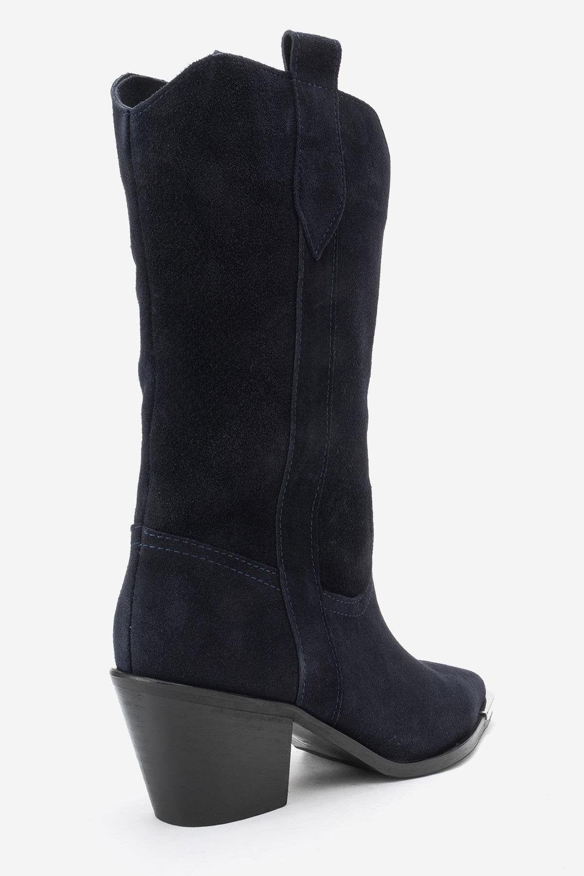 Alvi - Navy Suede Genuine Leather Western Boot – back view showing leather, suede, Vowalisse