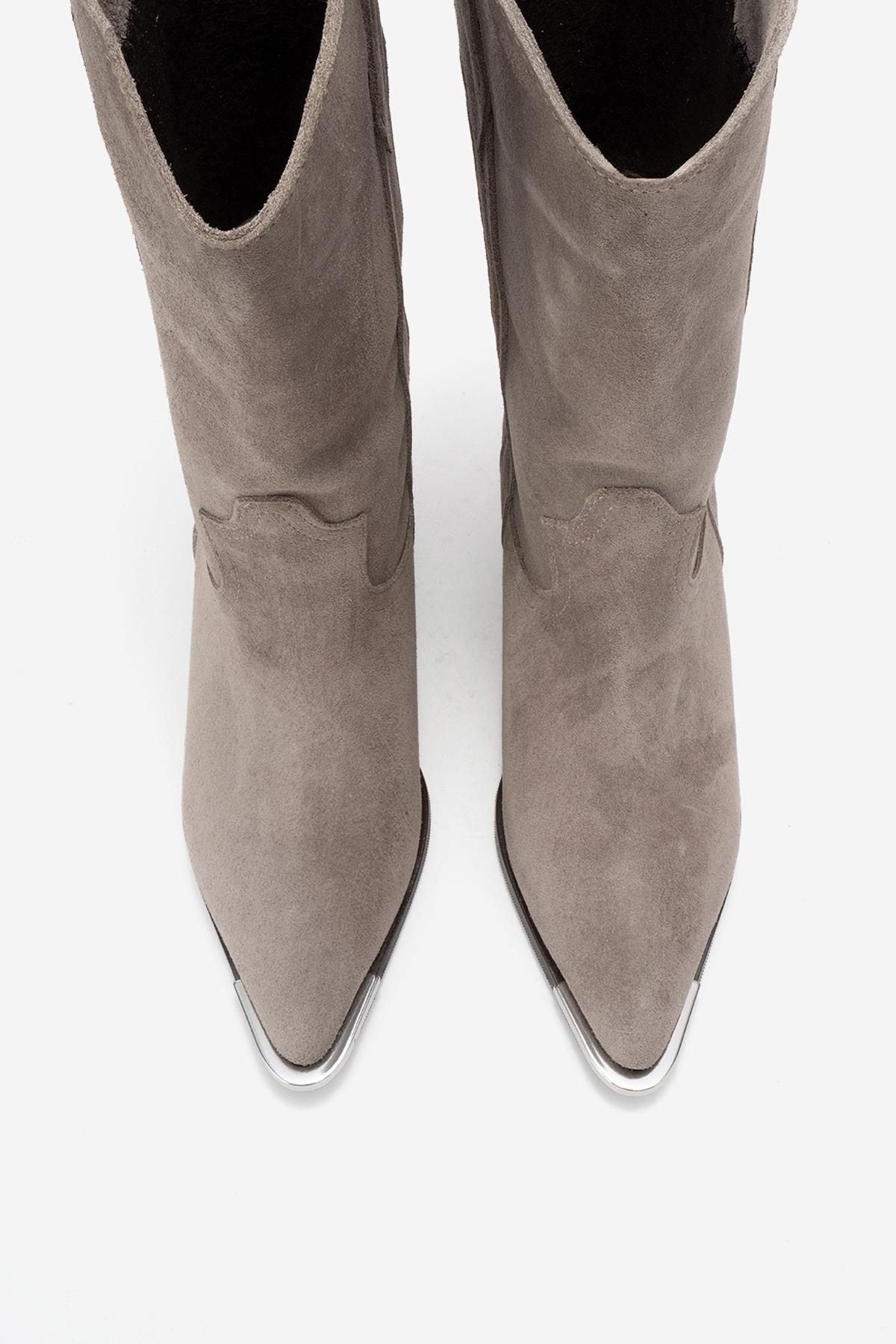 Alvi - Taupe Suede Genuine Leather Western Boot – side view showing leather, suede, Vowalisse