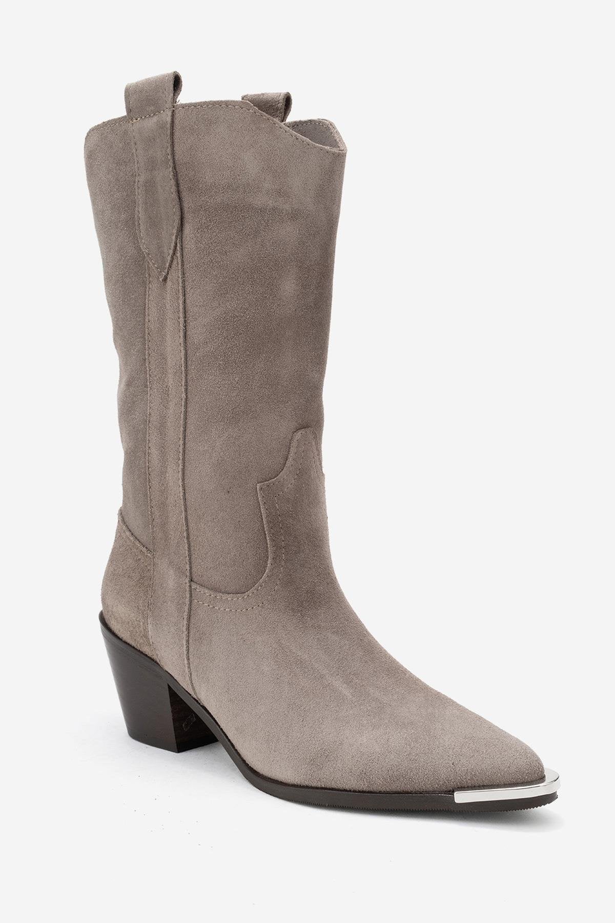 Alvi - Taupe Suede Genuine Leather Western Boot – detail view showing leather, suede, Vowalisse