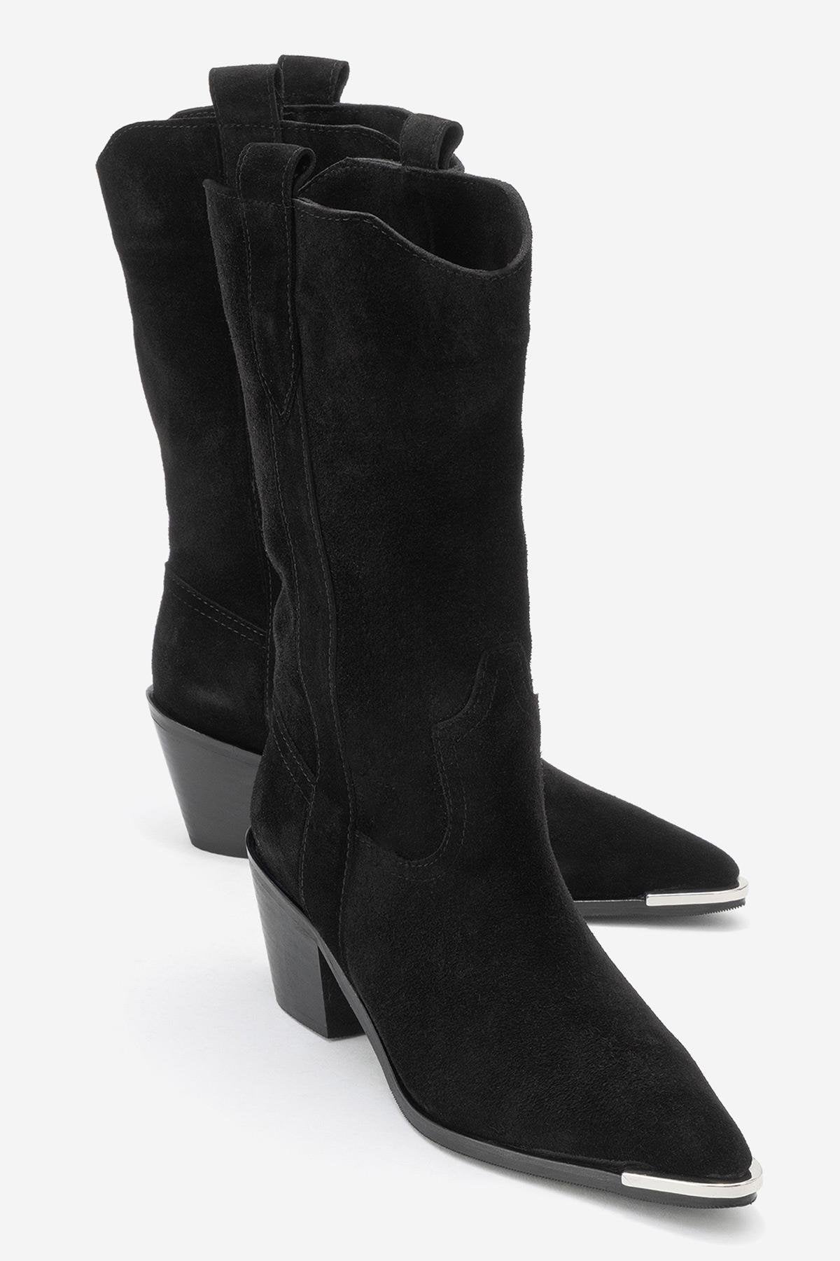 Alvi - Black Suede Genuine Leather Western Boot – front three-quarter view showing leather, suede, black, Vowalisse