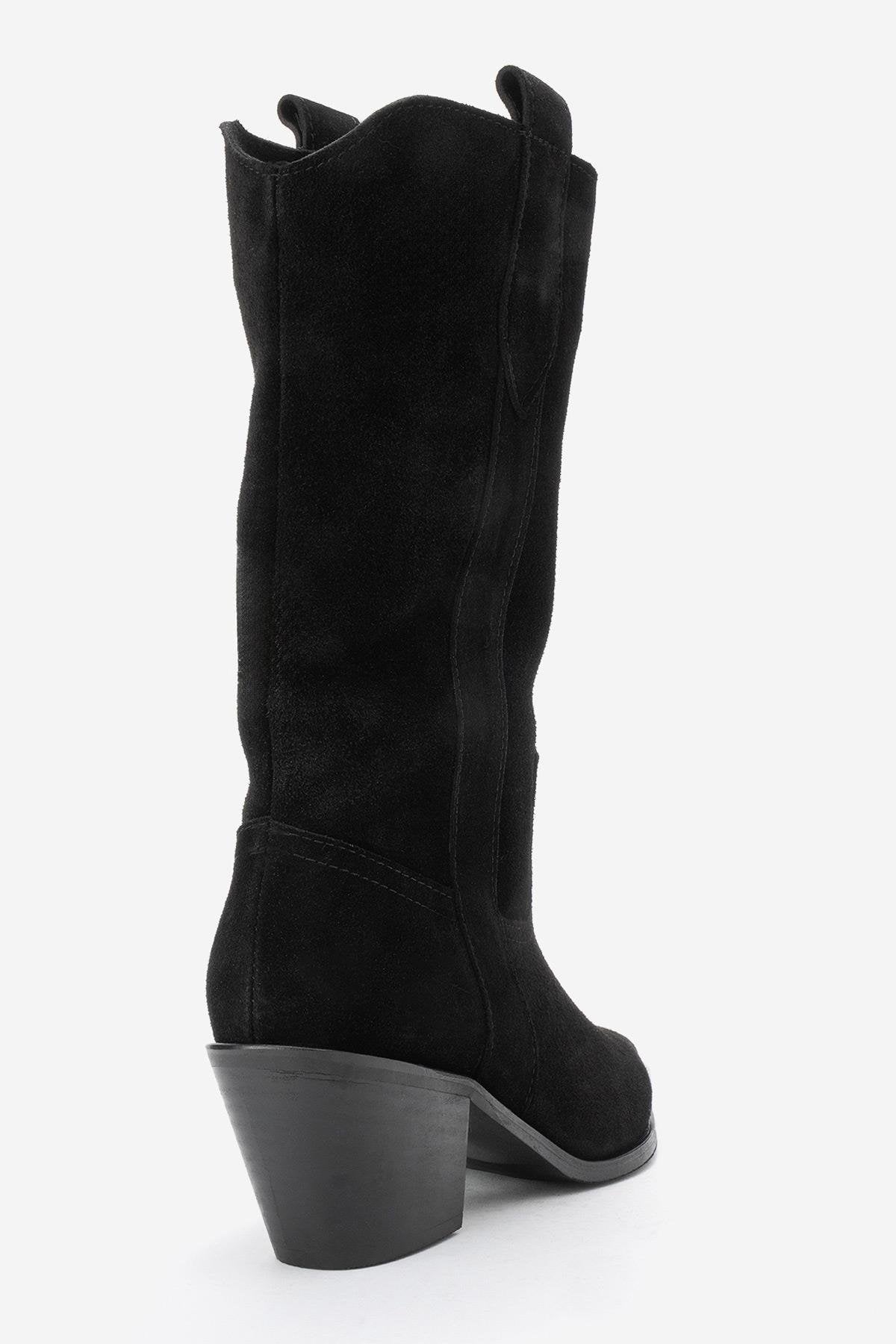 Alvi - Black Suede Genuine Leather Western Boot – back view showing leather, suede, black, Vowalisse
