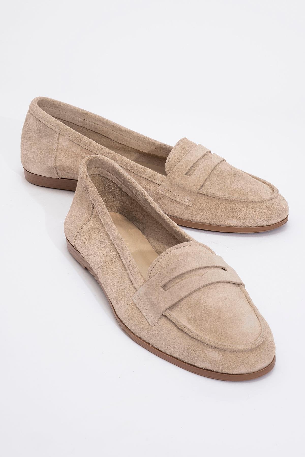 Dorothy - Beige Suede Leather Loafers – front three-quarter view showing leather, suede, Vowalisse