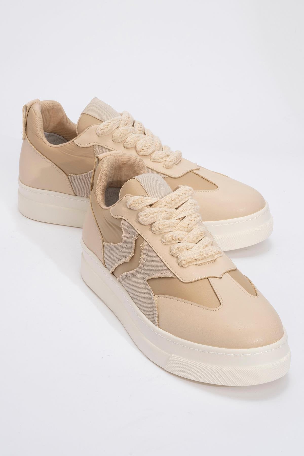 Sande - Beige Denim Detailed Sport Sneakers – front three-quarter view showing leather, Vowalisse