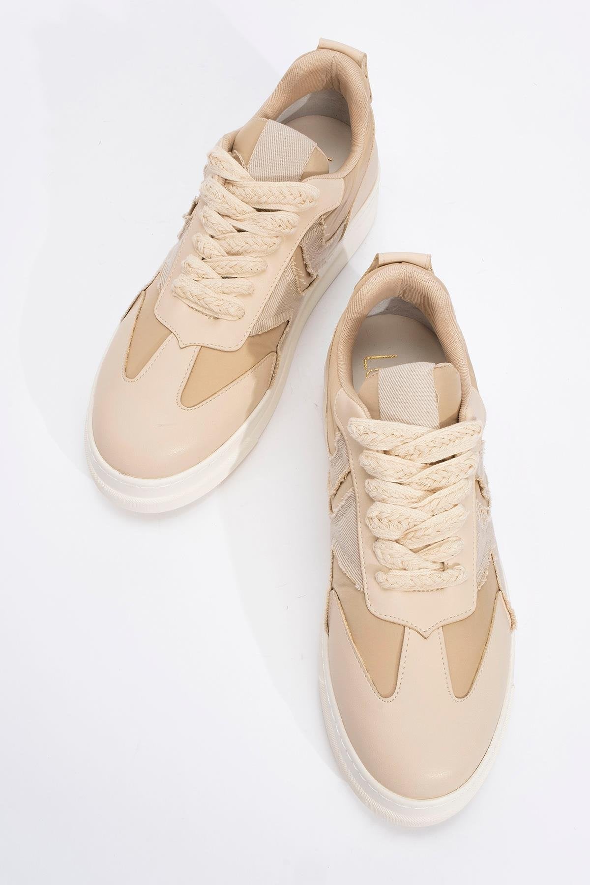 Sande - Beige Denim Detailed Sport Sneakers – side view showing leather, Vowalisse