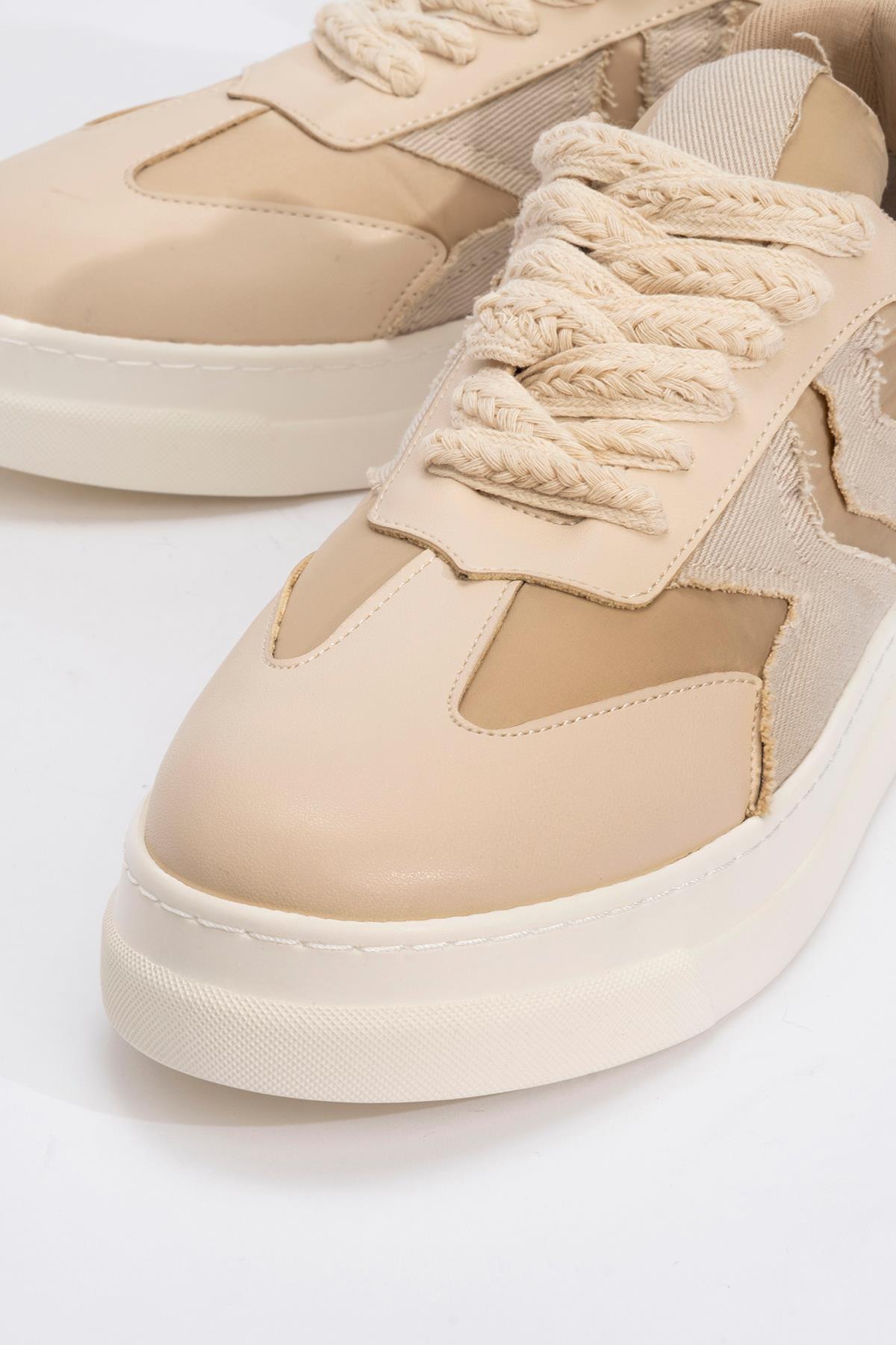 Sande - Beige Denim Detailed Sport Sneakers – detail view showing leather, Vowalisse