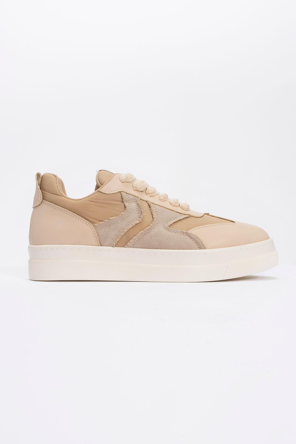 Sande - Beige Denim Detailed Sport Sneakers – heel view showing leather, Vowalisse
